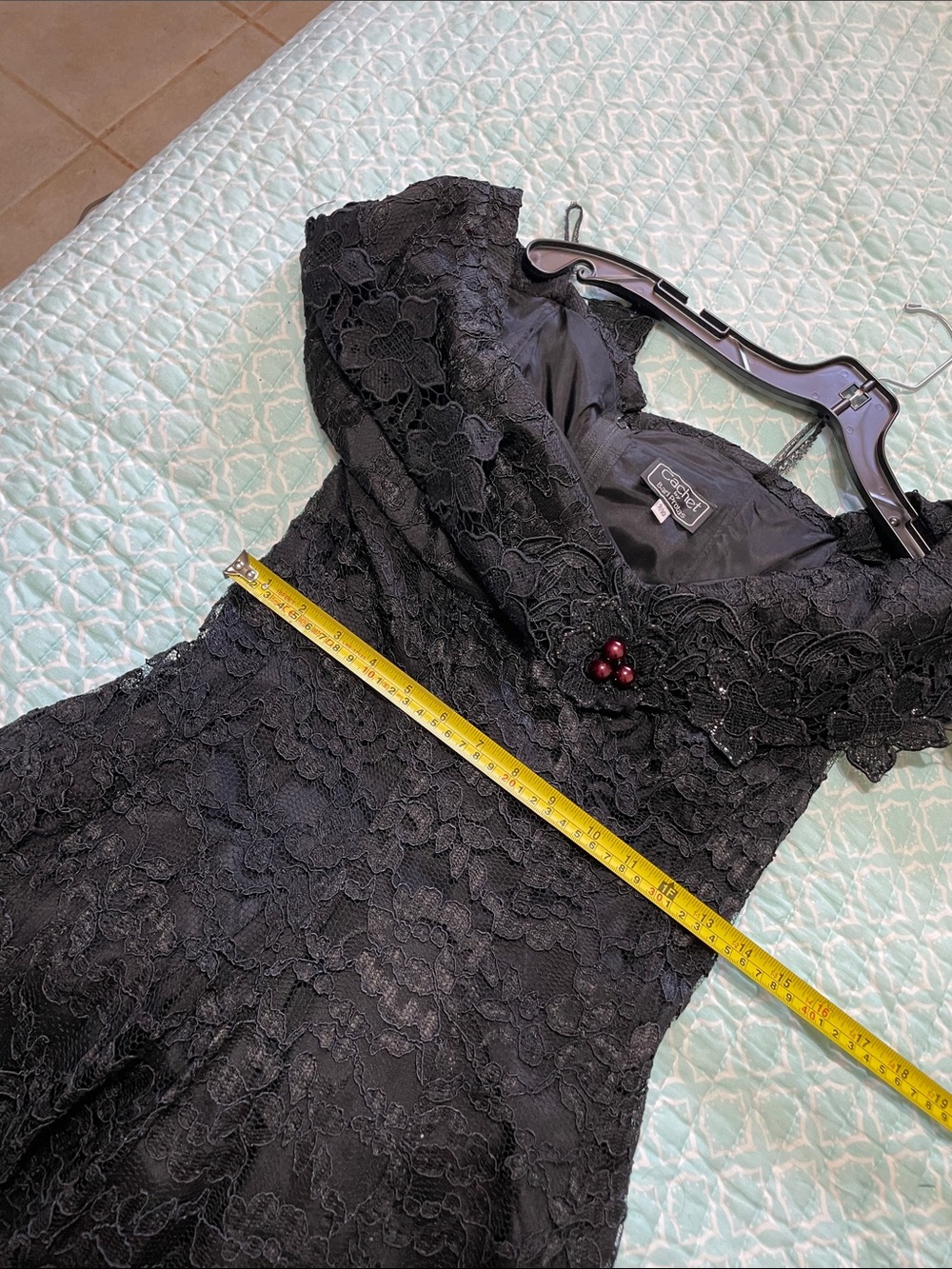 lace vintage off the shoulder, midi dress with purple pearl beading - Picture 7 of 9